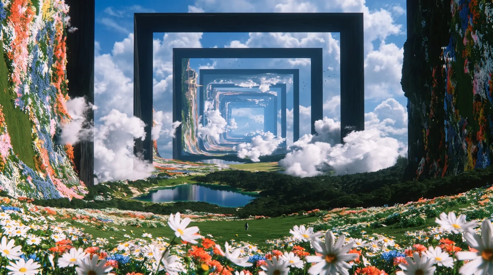 Nested square portals over a flower meadow
