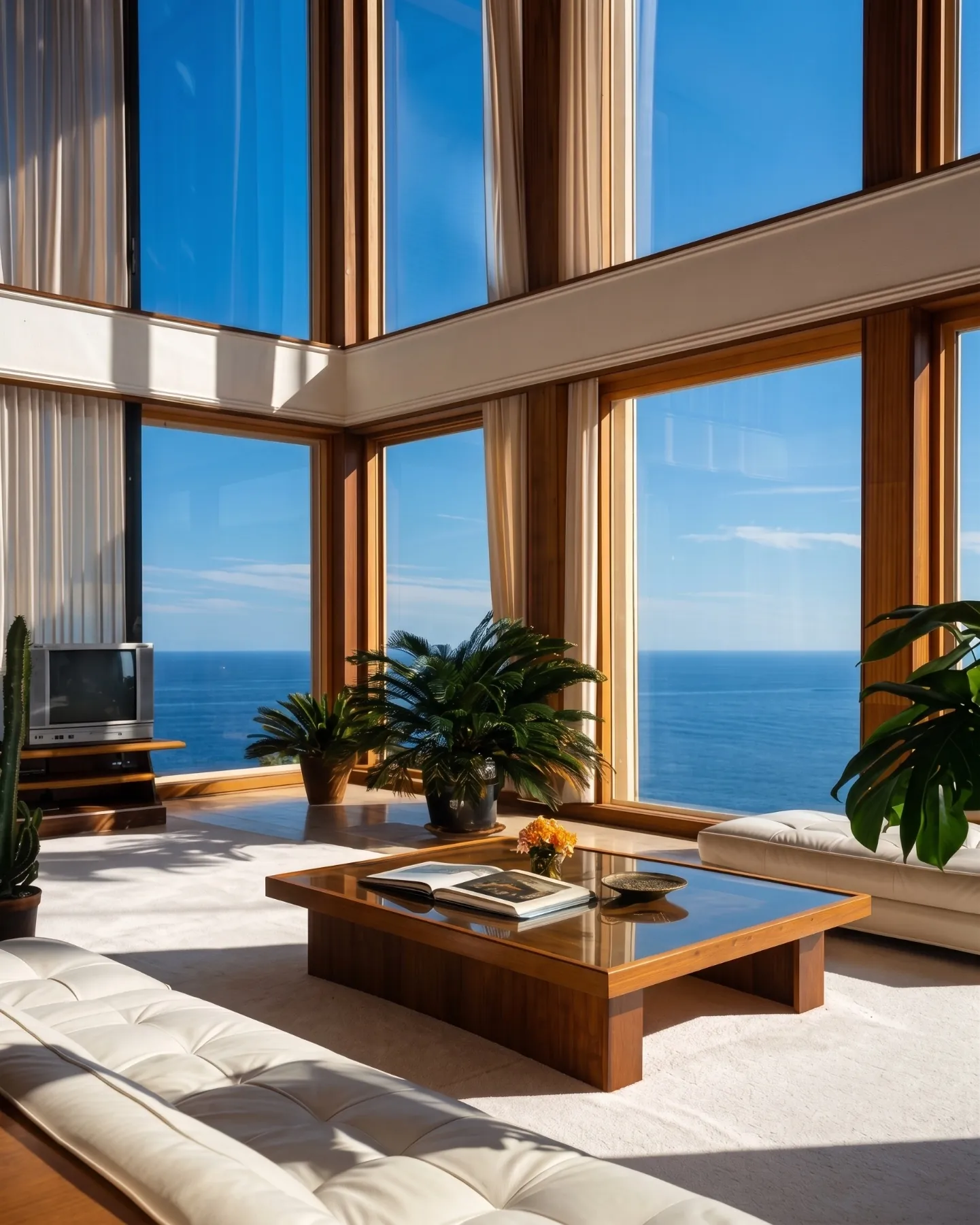 Sunlit room open to the sea
